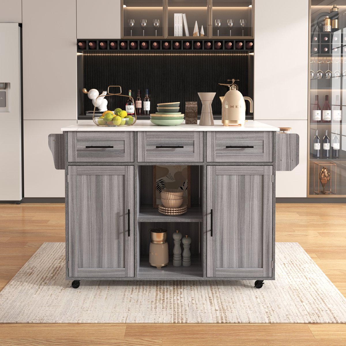 REDOM - Keukenwagen - Met Klapbaar Werkblad En Opbergruimte - Modern - Voor Keuken En Eetkamer - MDF - Grijs - 139 x 46(71) x 91,5 cm
