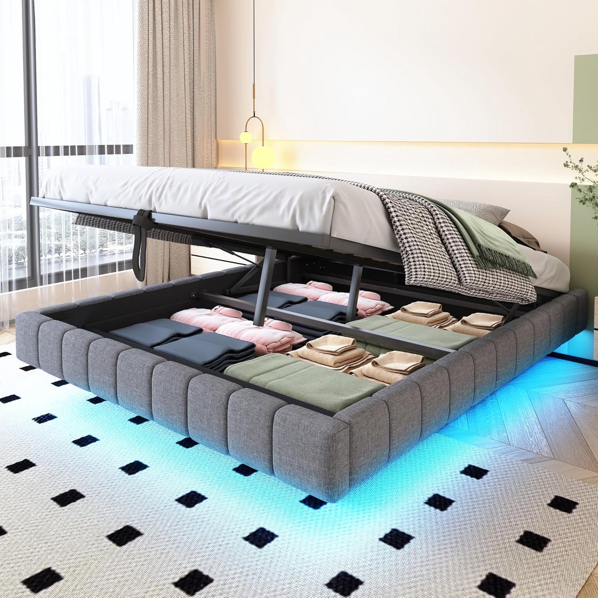 Gestoffeerd Bed - Linnen Bed - Opbergen - Luchtdruk Systeem - 160x200cm - Grijs