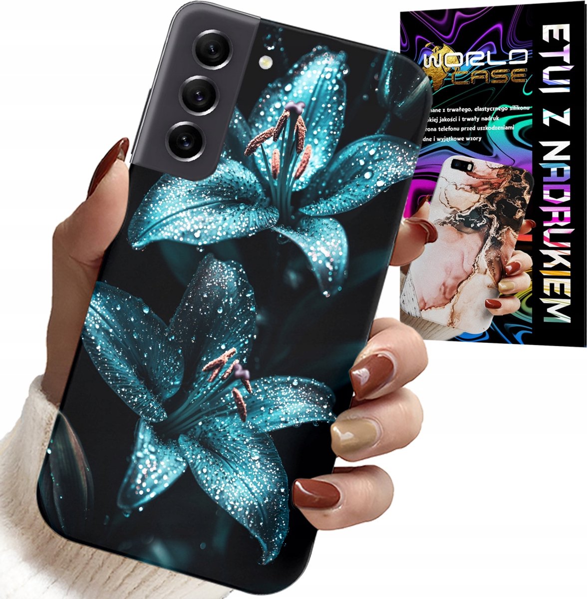 HOESJE VOOR SAMSUNG GALAXY S21 - TURKOOZE LELIES BLOEMEN BEHUIZING + GLAS