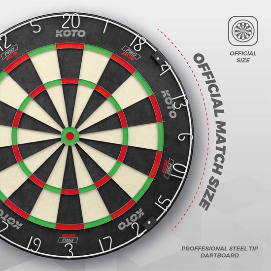 Professioneel dartbord van officiële grootte met de standaard nummering en kleurenschema's.