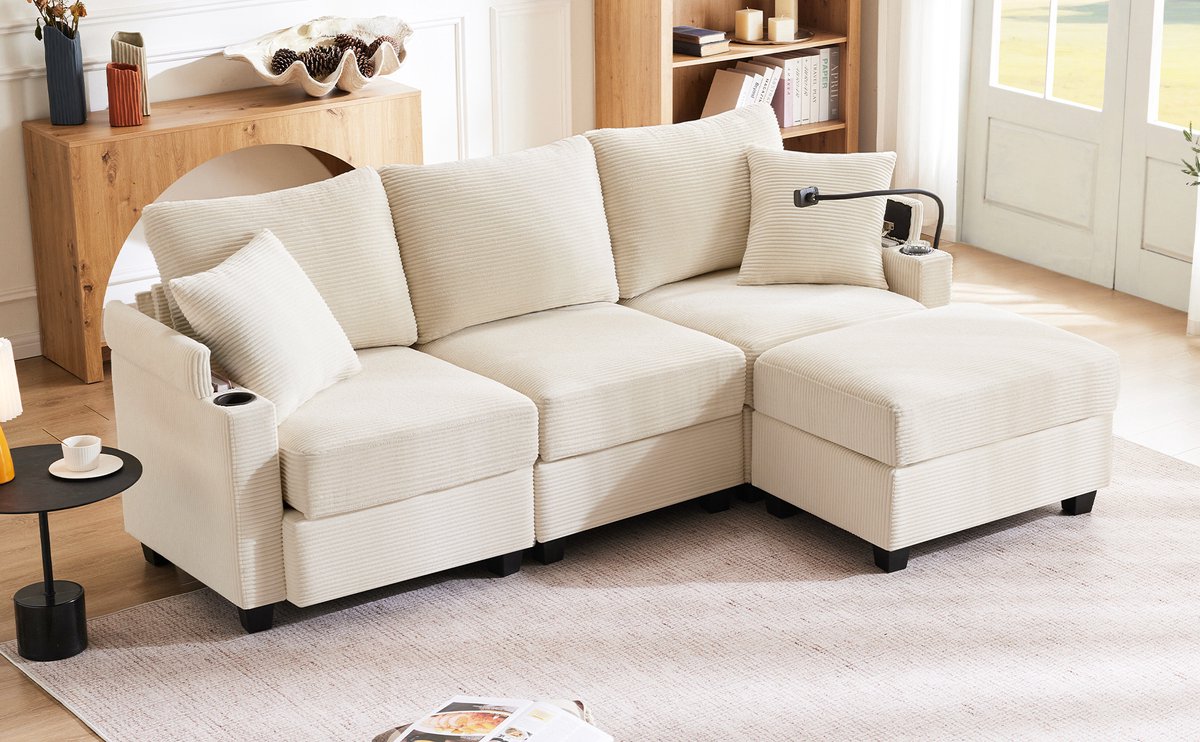 REDOM Hoekbank - L-Vormig En Met Verplaatsbare Hocker - Multifunctioneel - Voor Woonkamer Of Kantoor - Ribstof - Beige - 213,5 x 139 x 87 cm
