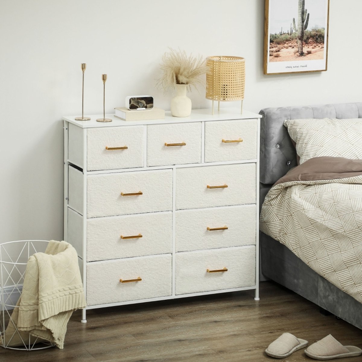 Wishdor - Ladekast Met 9 Stoffen Laden - 3D-Oppervlak En Goudkleurige Grepen - Voor Woonkamer Of Slaapkamer - Crèmewit - 100 X 30 X 99 Cm