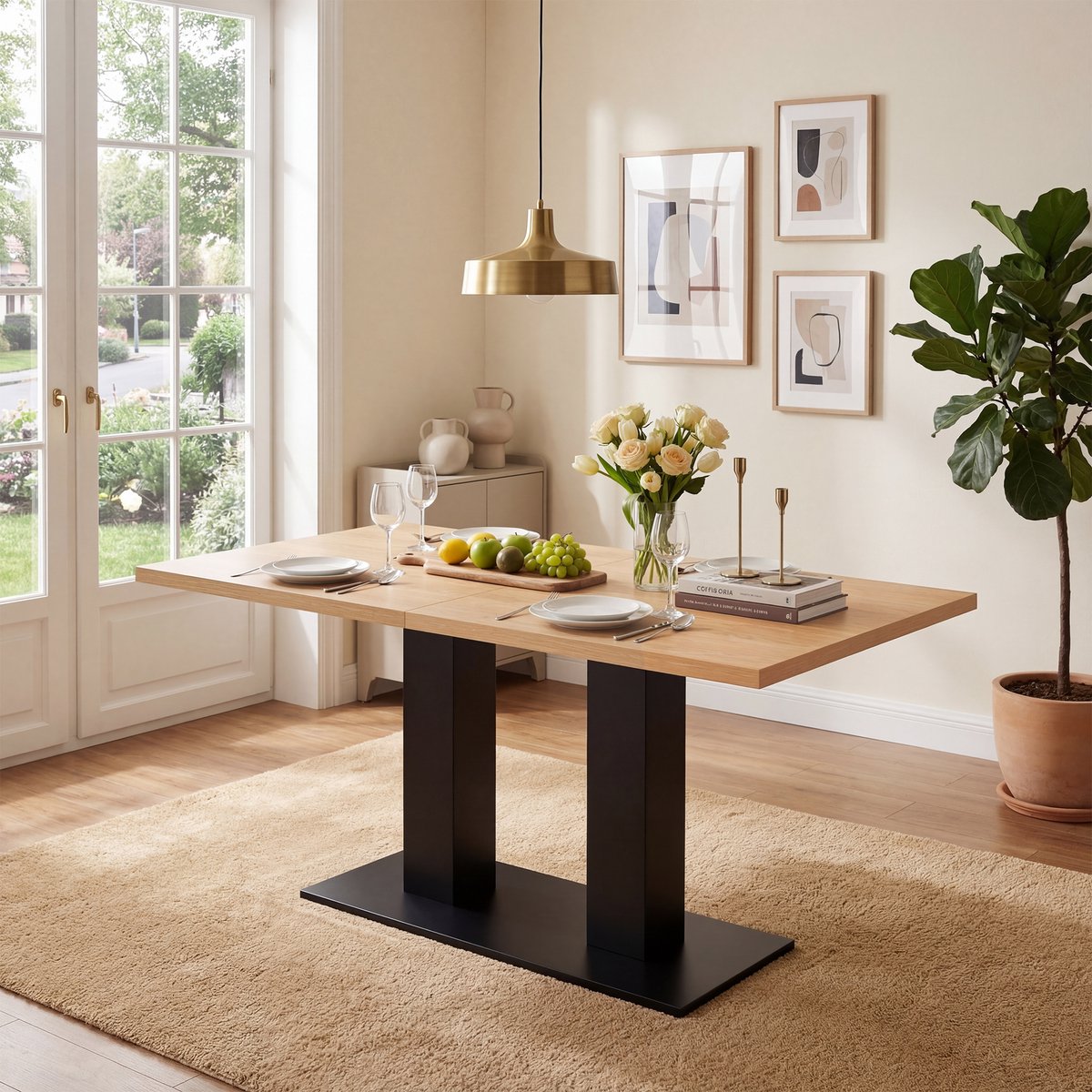 Wishdor - Uitschuifbare Eettafel - Verlengbaar - Dubbele Kolompoten - Eenvoudige Stijl - Eetkamer - MDF - Naturel - 140/180 Cm