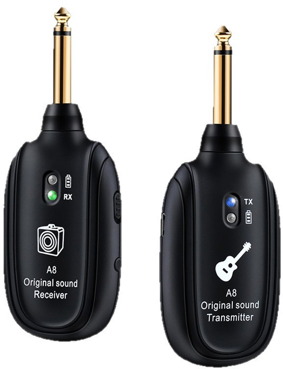 Oneay A8 draadloos gitaarsysteem met ingebouwde oplaadbare lithiumbatterij, UHF-audio draadloze zender/ontvanger voor akoestische gitaar, basgitaar, viool, keyboard en elektrische instrumenten