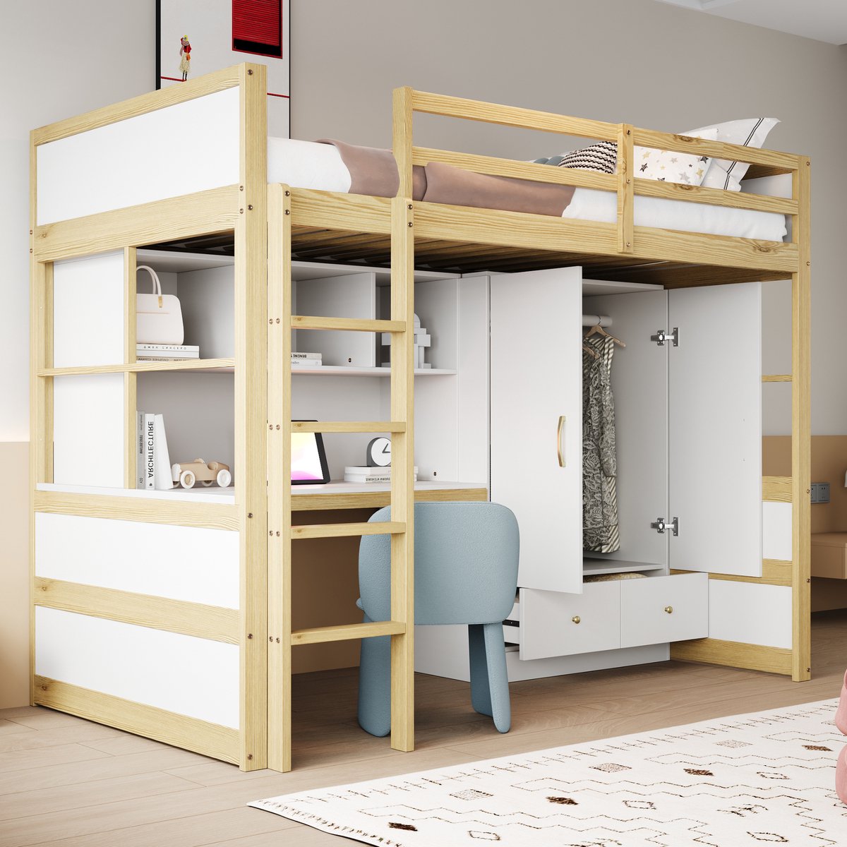 MODENUIT Hoogslaper 90x200 cm – Met Ladder en Bureau met Opbergruimte – Kast en Laden – Zonder matras – Houtkleur