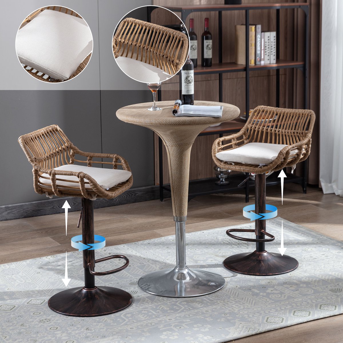 Intebiki barkruk - barkrukken met rugleuning set van 2 - barstoel - rotanmateriaal - in hoogte verstelbaar - 360° draaibaar - geschikt voor keukens, eetkamers en bars(beige)