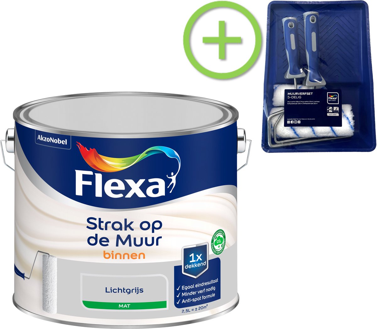 Voordeelpakket Flexa Strak Op De Muur Muurverf - Mat - 2,5 Liter - Licht Grijs + Muurverf Roller - 5 Delig