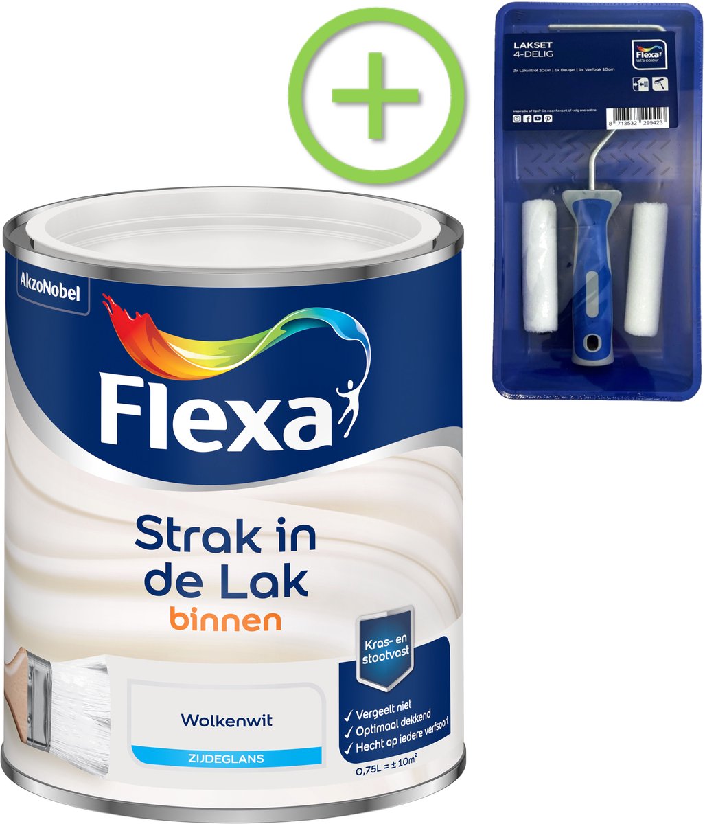 Voordeelpakket Flexa Strak In De Lak - Watergedragen - Zijdeglans - Wolkenwit 750 ML + Lakroller - 4 Delig