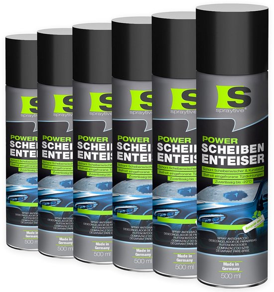 Zes Spraytive power ruitenontdooier spuitbussen naast elkaar. Elke bus heeft "Made in Germany" en 500 ml erop.