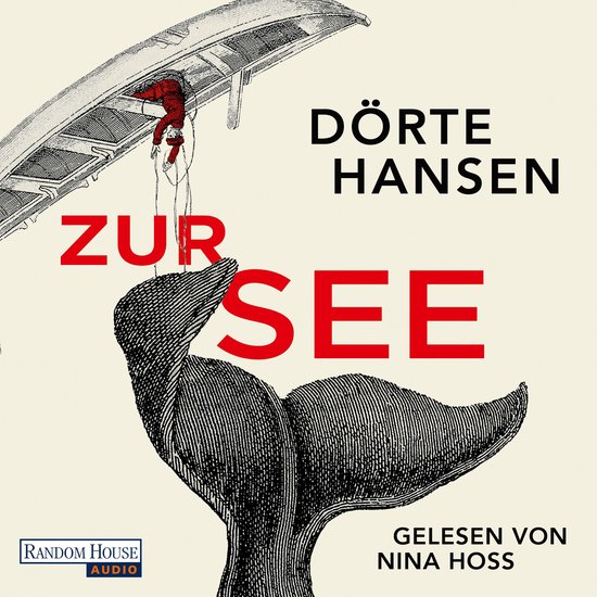 Boek "Zur See" van Dörte Hansen, met een illustratie van een rood geklede figuur die aan een boot hangt boven een walvisstaart.