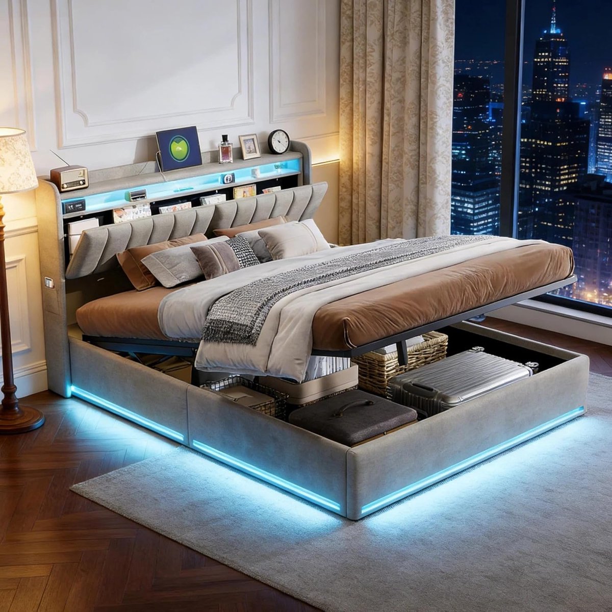 Gestoffeerd Bed - Boxbed - Opbergen en Slapen - Met LED en USB - 160x200 cm - Grijs