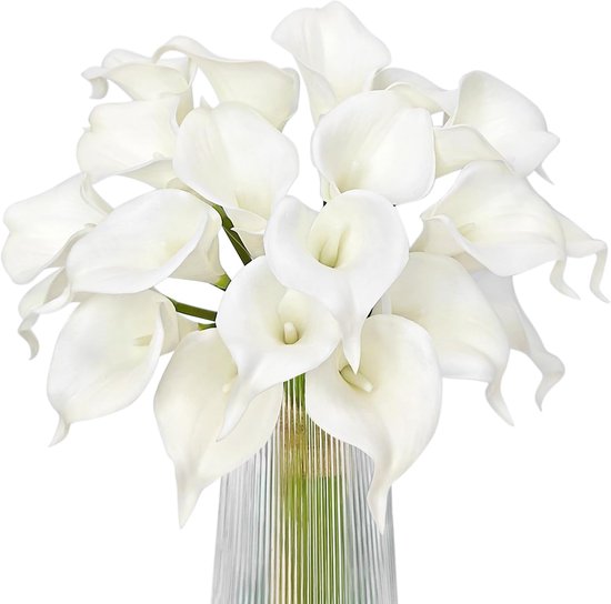 Bouquet de 20 callas artificiels blancs dans un vase en verre.