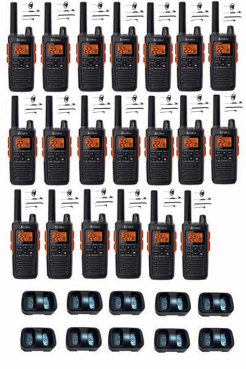 Set van 20 Cobra RX680 PMR446 portofoons IP54 met tafellader en D-shape oortje