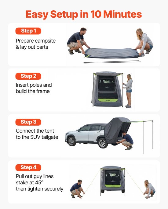 VEVOR Achterklep Autotent (1,5 X 1,5 M Hoofdtent), Waterdicht (Pu2000 mm) Kampeertent met Zonnescherm & Draagtas, Achterkleptent voor Suv voor Kamperen, Wandelen En Buitenactiviteiten, Draagbaar van Vevor — afbeelding 4
