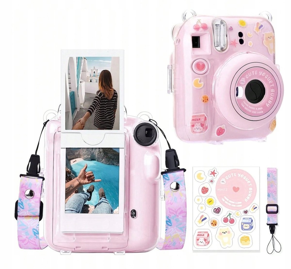EtuiTab Instax Mini 12 - Transparante Siliconen Hoes - Roze - Met Halsband - Inclusief Stickers