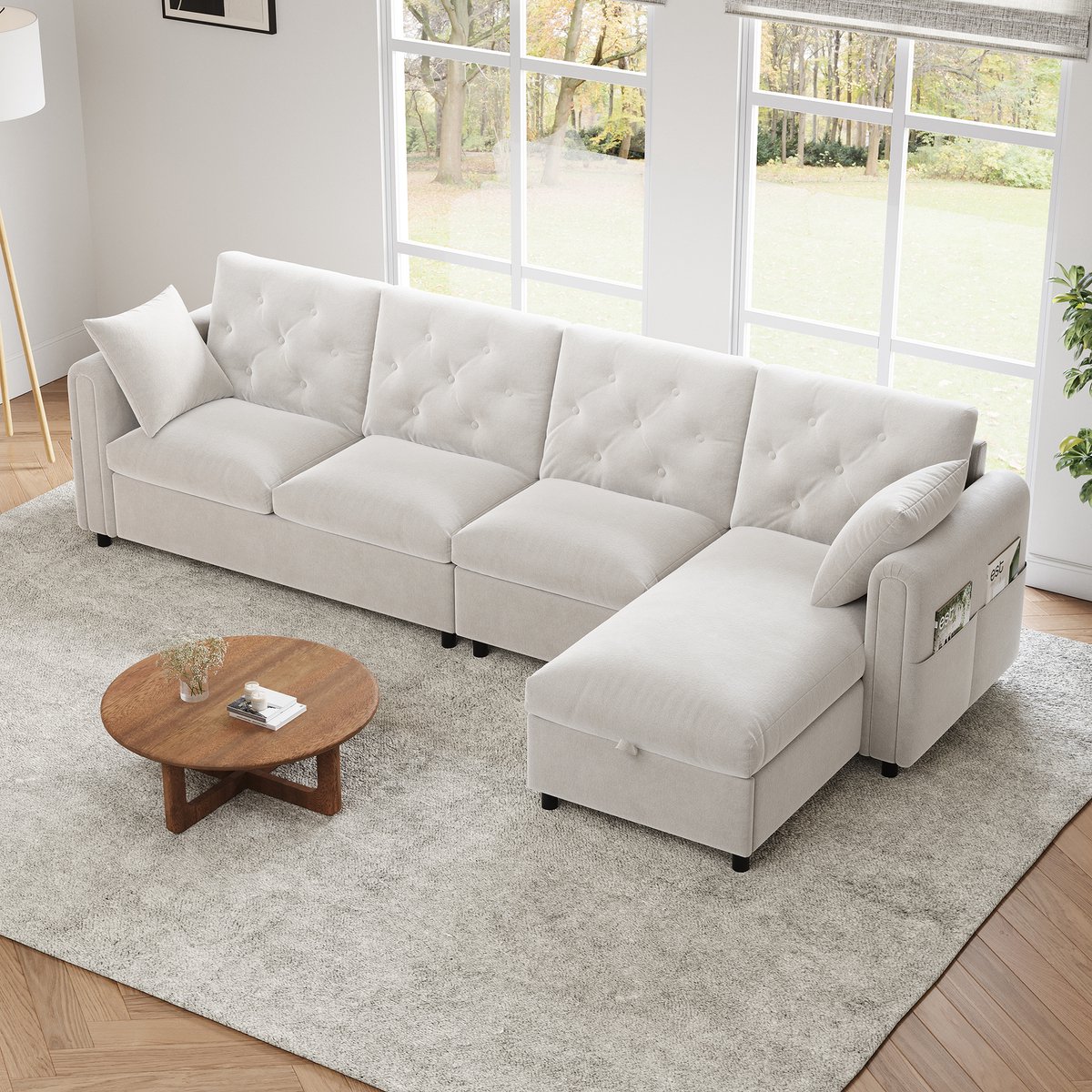 MODFU Hoekbank met Slaapfunctie – 281x132x86 cm – L-vormig en links- of rechtsomkeerbaar – met opbergruimte – zacht fluweel – moderne slaapbank – Beige