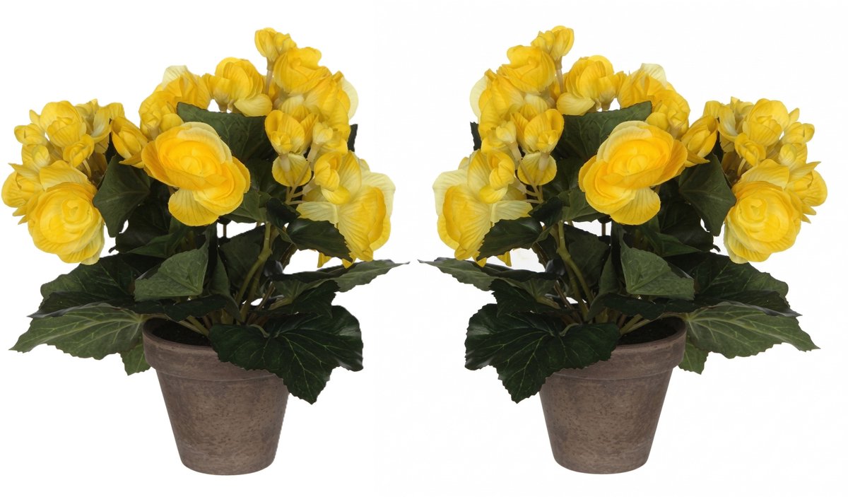 Mica Decorations Mica Decoration Kunstplant - 2x - begonia - geel - in pot - 25 cm - nepplanten
