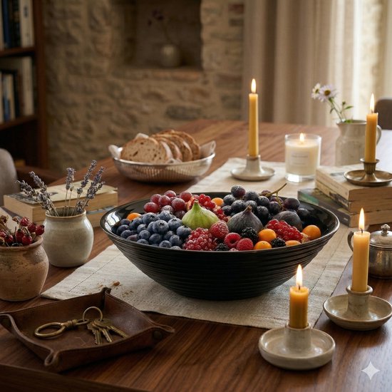 Zwarte, geribbelde fruitschaal gevuld met diverse verse vruchten, op een houten tafel met kaarsen en boeken.