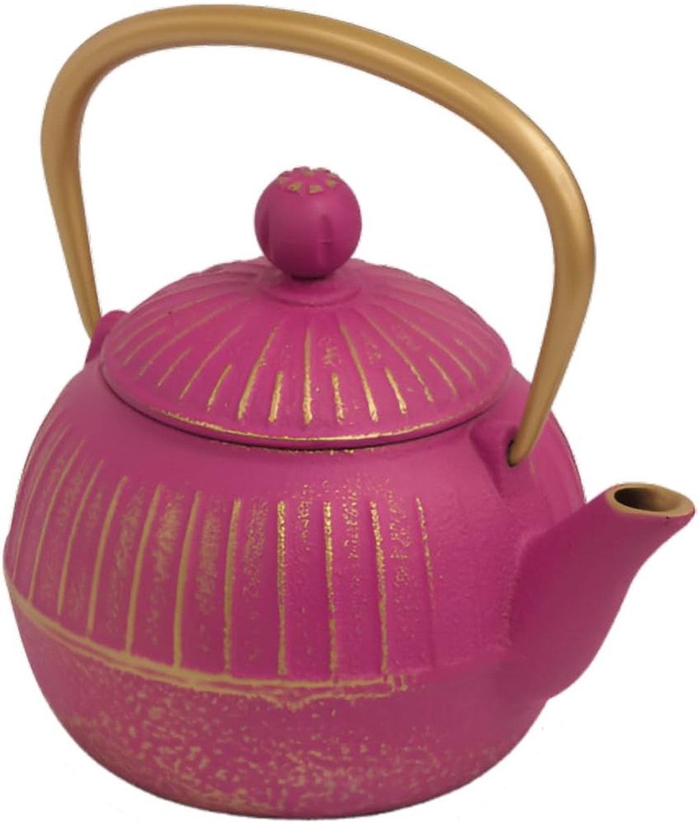 Theepot Gietijzer - Theekan Serveert - Warme Dranken - Gouden Accent - 500 ml - Fuchsia