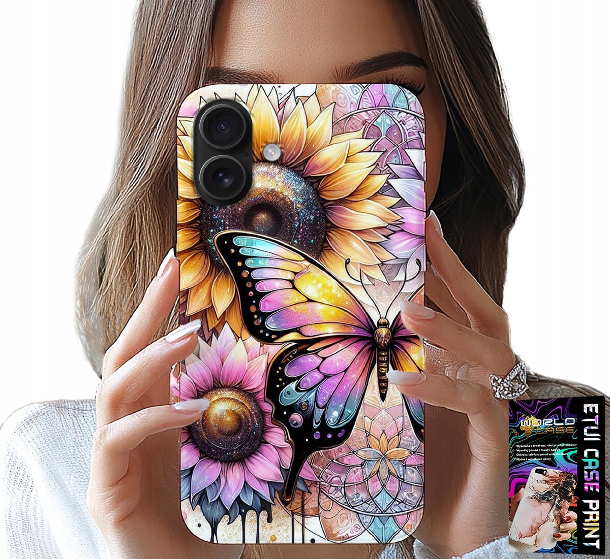 HOESJE VOOR IPHONE 16 PLUS - ZONNEBLOEM MET VLINDER, HOESJE + FILM