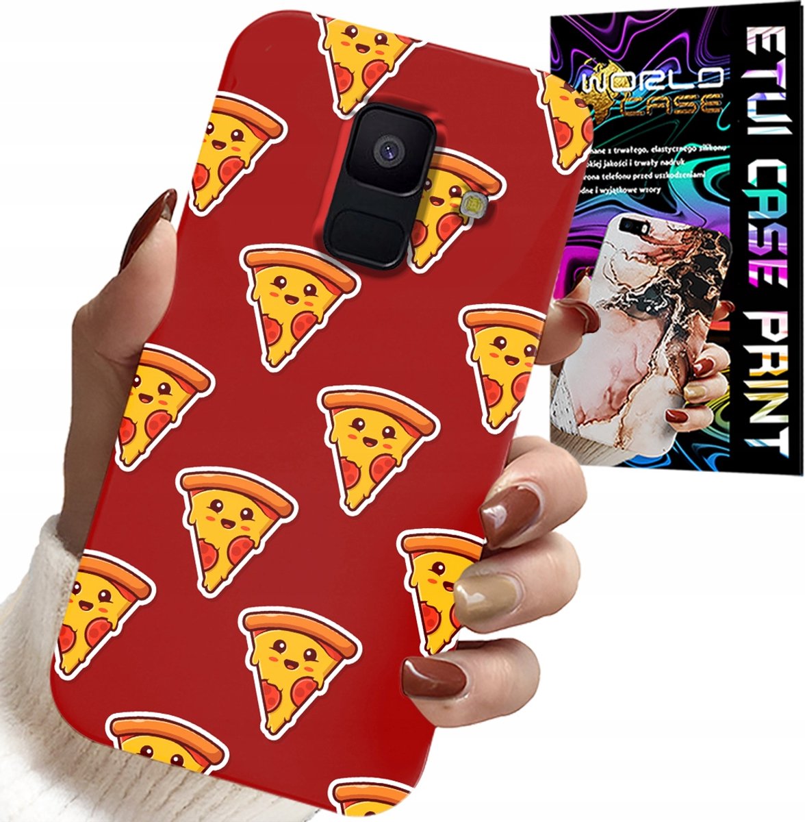 HOESJE VOOR SAMSUNG A6 2018 - HAPPY PIZZA PATROON OP EEN RODE ACHTERGROND