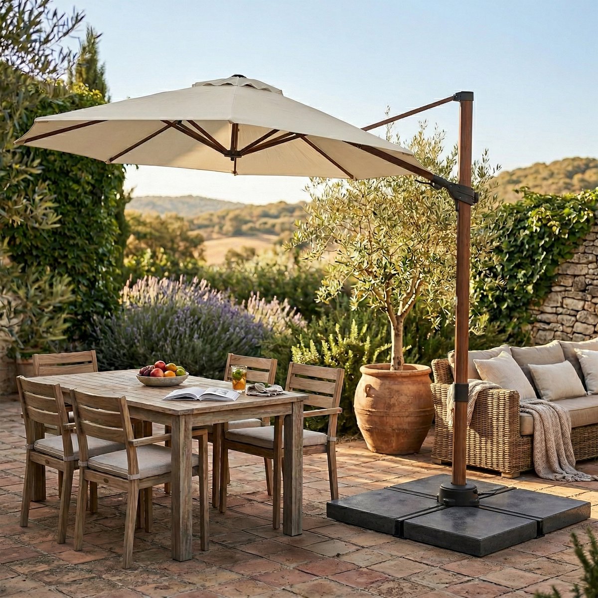 AXI Solis Zweefparasol Ø 300cm Houtlook/beige incl. Hoes – Gepoedercoat frame met kruisvoet – 360° Draaibaar - Kantelbaar – foto 5