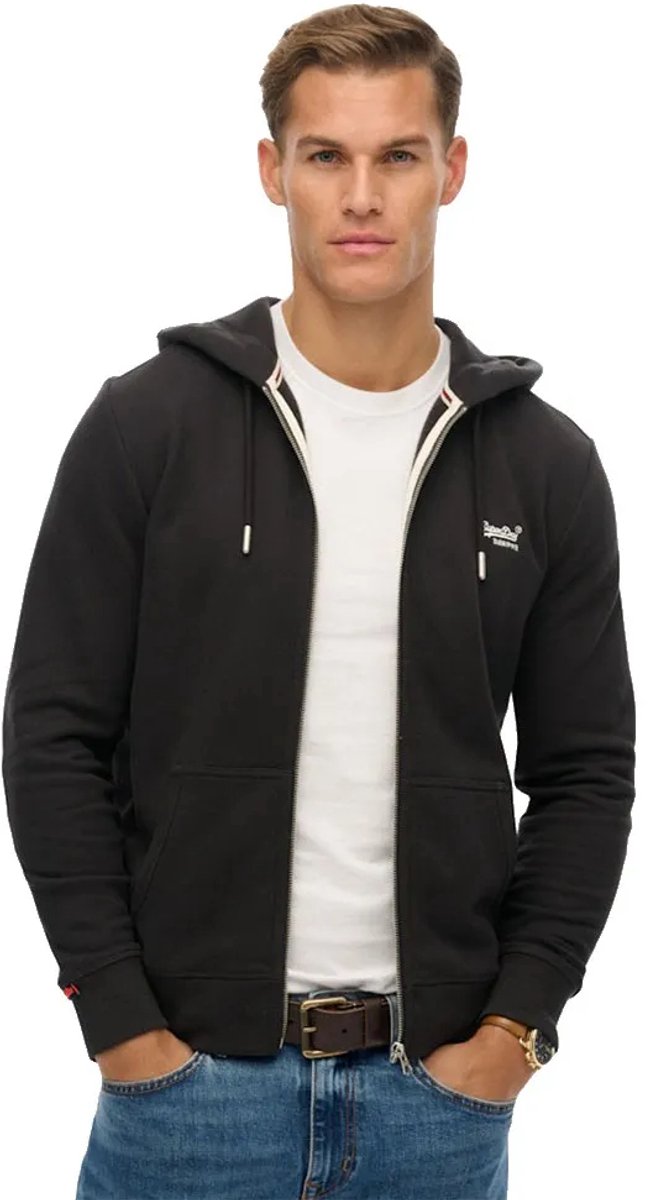 Superdry Essential Logo Zip Hoodie Half Brushed Heren Hoodies Zwart