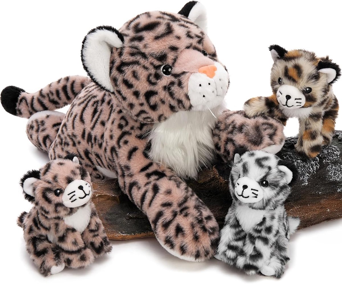 Grote Luipaard Pluche - Knuffel Dier XXL - Spelen en Decoratie - Met 3 Baby's - 45x20x22 cm - Roze