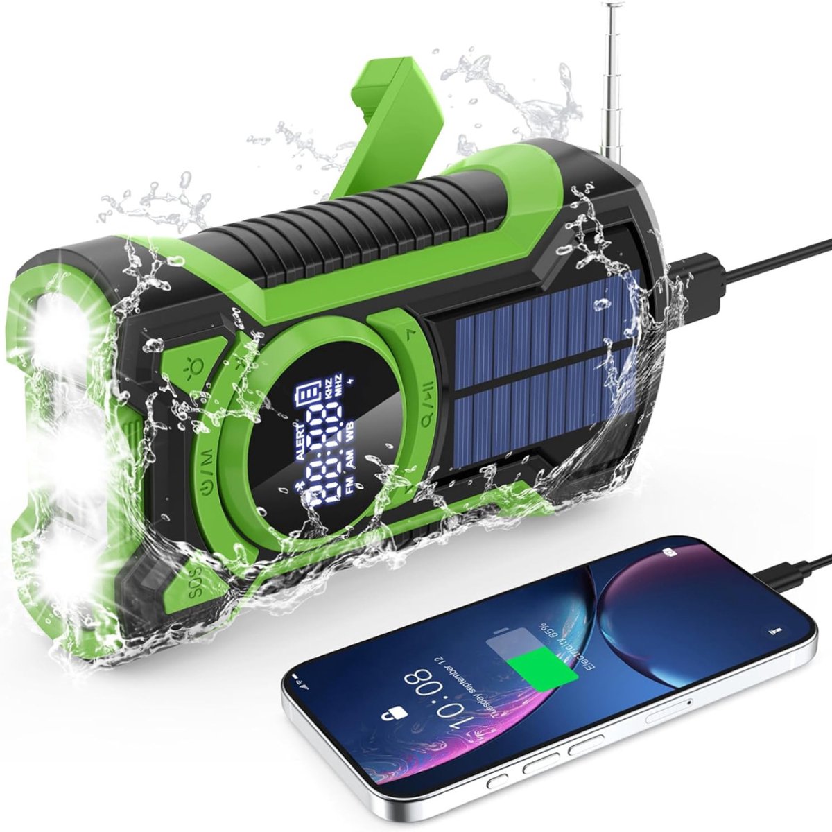 SAVI® Noodradio Solar Opwindbaar – Noodpakket 10000mAh – Draagbare Survival Radio – Groen/Zwart - 7‎8cm x 4cm x 15cm