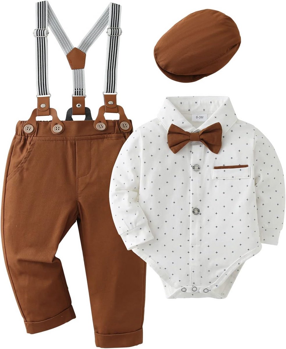 Schattige Baby Jongens Kleding Set: Romper met Bretels en Strik voor Feest, Doop of Bruiloft