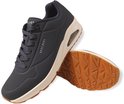 Sneaker Skechers bleu marine avec détails en cuir, une semelle blanche et une bande de roulement marron. Logo SPERCHERS sur le côté.