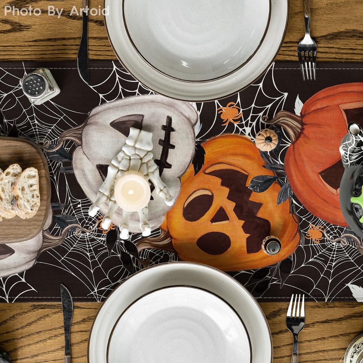 Wasbare Halloween Tafelloper - Zwart Spinnenweb en Pompoenen Decoratie - 40x300 cm