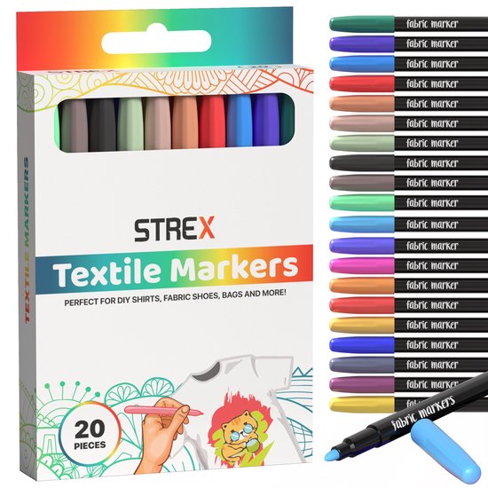 Strex Textielstiften - 20 stuks - Kleding stiften - Textielmarkers - Textiel Stiften
