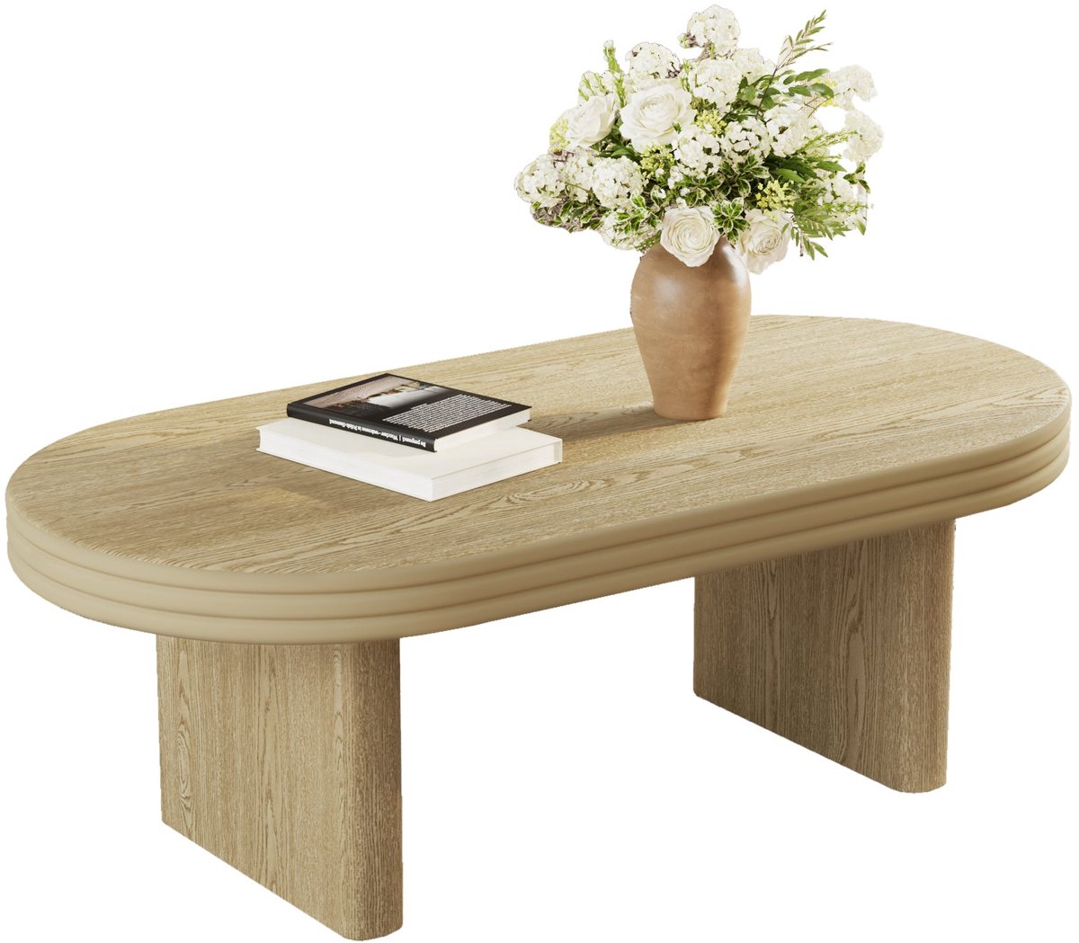 Merax Ovale Salontafel 120 X 60 X 41 5 Cm Houtlook - Midden Eeuwse Stijl - Geribbelde Rand - Met Fineerlaag - Woonkamer Tafel