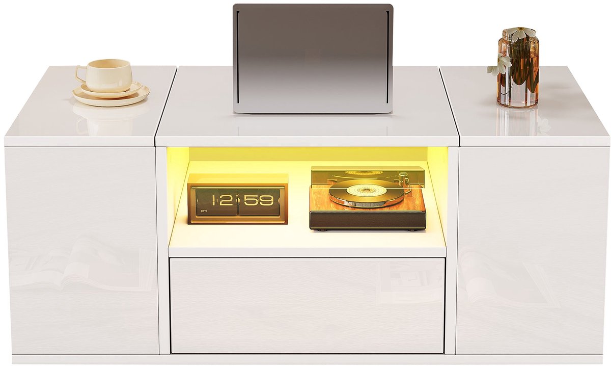 Merax Salontafel 100 X 50 X 40 Cm Wit Hoogglans - Met Led-Verlichting Met App-Bediening - Met 1 Lade - Met 2 Kasten Met Klepdeuren - Met Open Middenvak - Met 6 Opbergvakken