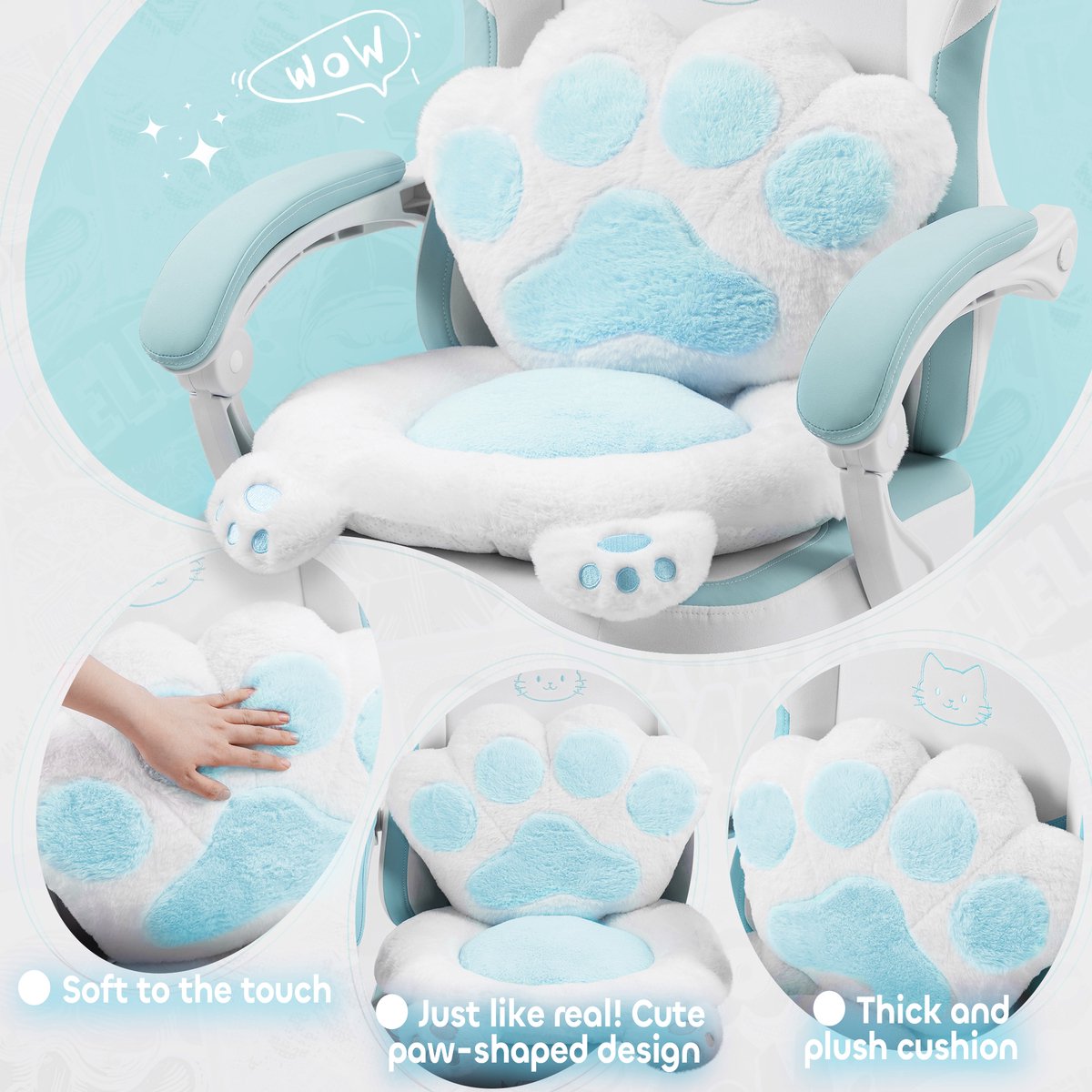 Dowinx Kat Gamingstoel Ergonomisch met Voetsteun - Blauw/Wit - afbeelding 3