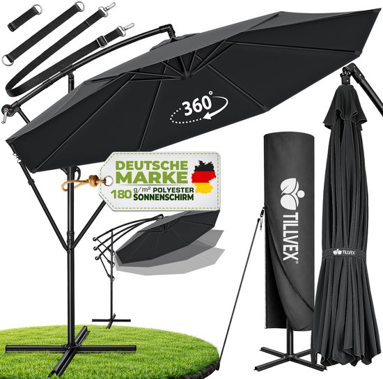 Zwarte zweefparasol, 360 graden draaibaar, met hoes, windbescherming en 180g polyester.