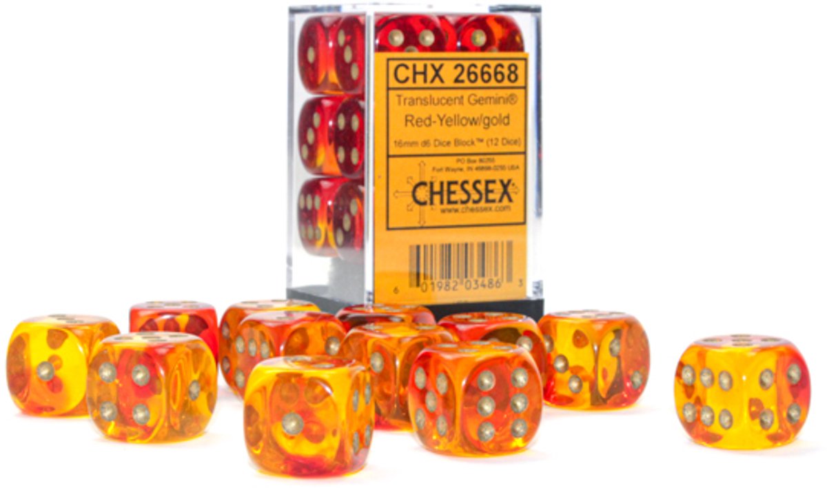 Chessex Gemini Translucent Red-Yellow/gold D6 16mm Dobbelsteen Set (12 stuks)