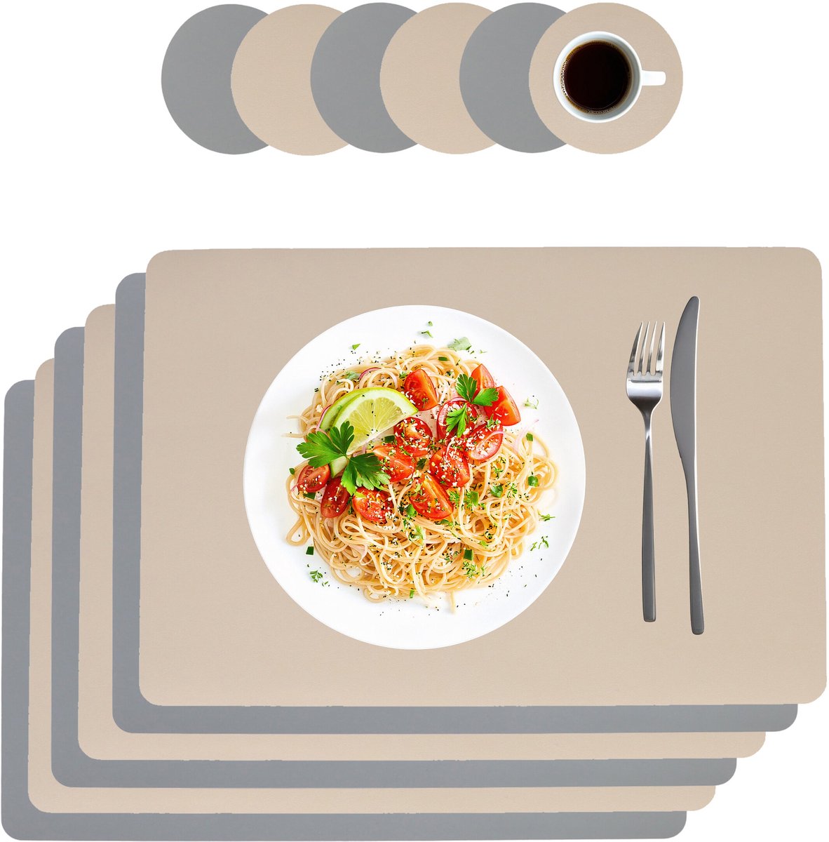 Placematenset - 6-delig - met onderzetters - grijs en beige