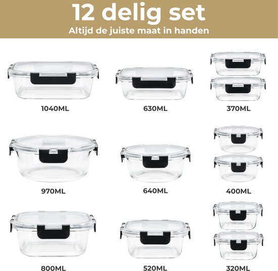 Stosh Vershoudbakjes - Meal Prep Bakjes - Diepvriesbakjes - Glas - 12 Stuks - BPA vrij