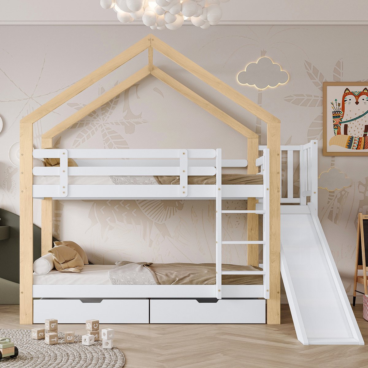 Clruro Stapelbed - 90x200 cm - Huisbed met Glijbaan - 2 Lades & Veiligheid - Massief Hout - Wit & Naturel