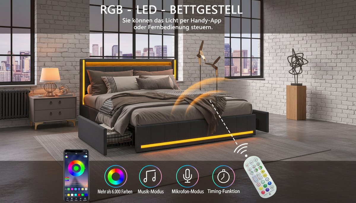 Bed 160x200 cm met Opberglades – Casa Velluto Eleganza Luxe Gestoffeerd Tweepersoonsbed – Linnen – Lattenbodem – Grijs C – Zonder Matras