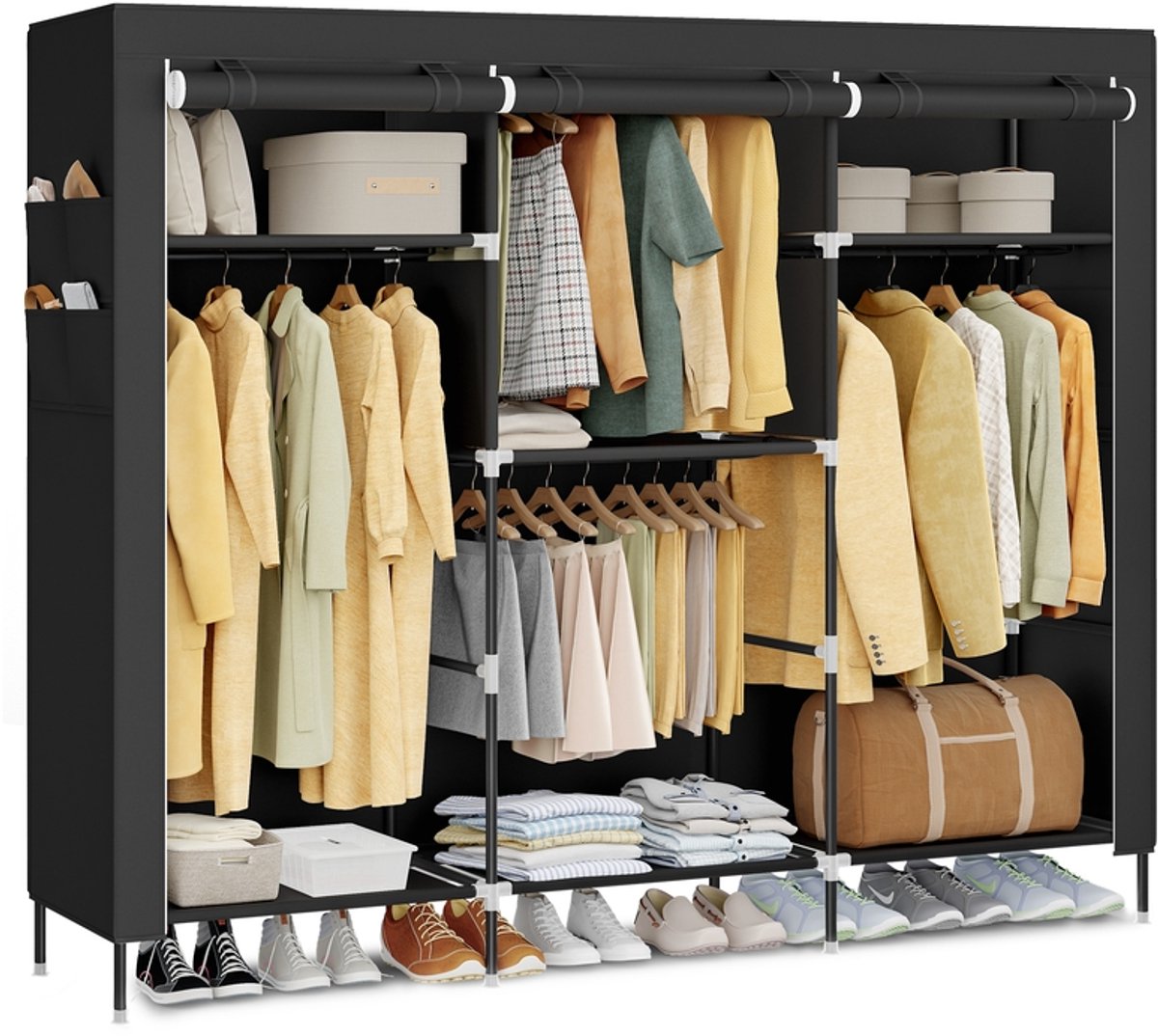 Stoffen kledingkast – Met kledingstang en praktische planken – Zwart – 45 x 189 x 180 cm