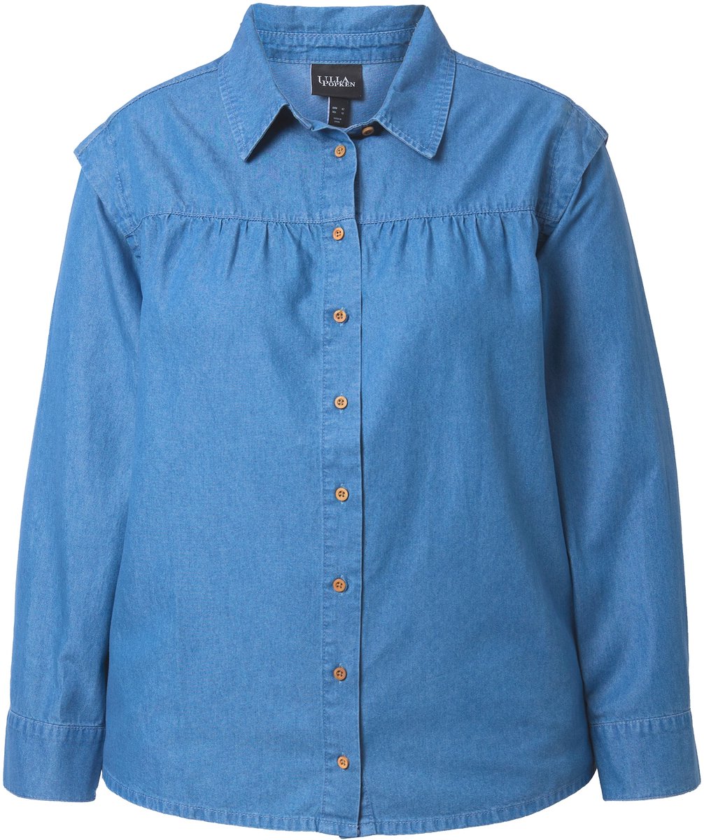 Ulla Popken - Dames - Jeansbluse schouderaccenten overhemdkraag lange mouwen - Blauw denim - Maat 42+