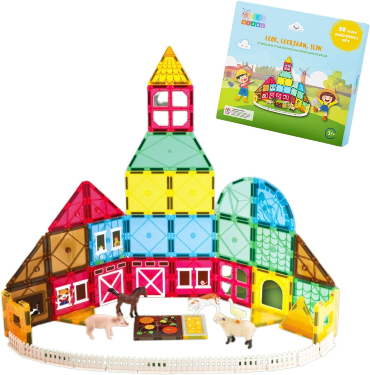 Gladi Tiles 50-Delige Magnetische Boerderij - Magnetic Tiles - Magnetische Tegels - Magnetisch Speelgoed - Magnetische Bouwstenen - STEM & Educatief Speelgoed 3 t/m 12 Jaar - Magneten Speelgoed