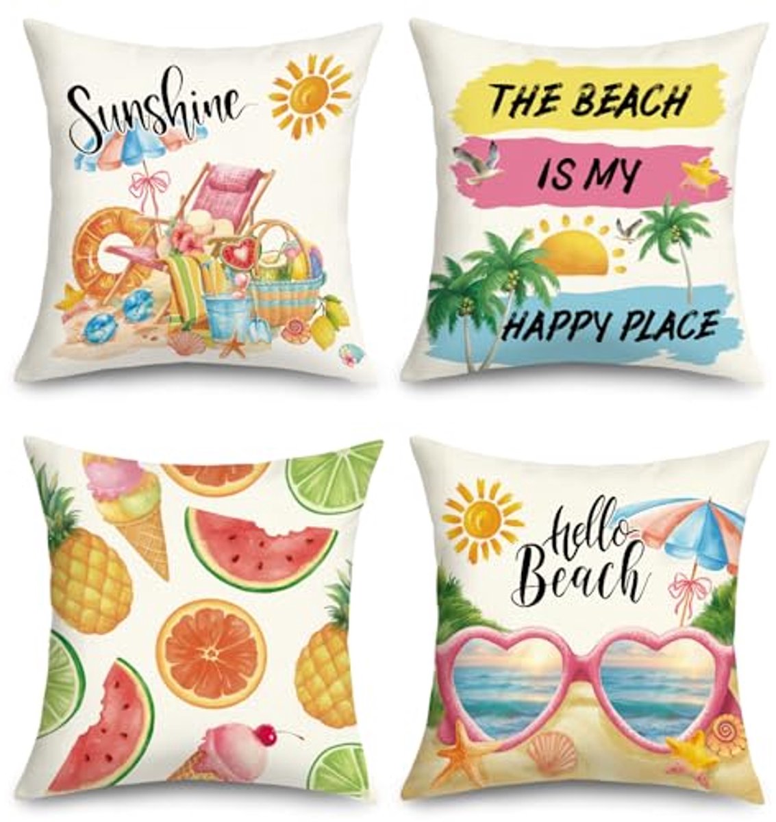 Ultiluxe® Kussenhoezen - 4 Stuks - Sierkussenslopen - Decoratieve Kussenhoes - 45 x 45 cm - Polyester Linnen - Strand Zomer Print - Multicolor