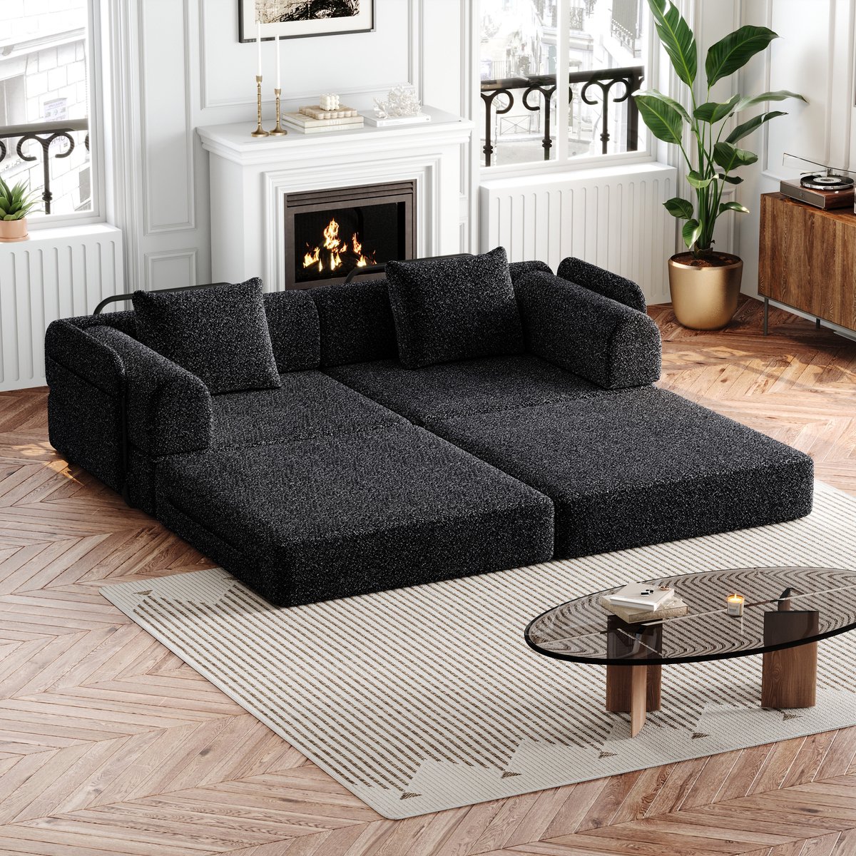 Chenille 2-in-1 Slaapbank met Opbergvak in de Armleuning, drie Metalen Frames en Diverse Configuratiemogelijkheden, Tweedelige set, Zwart