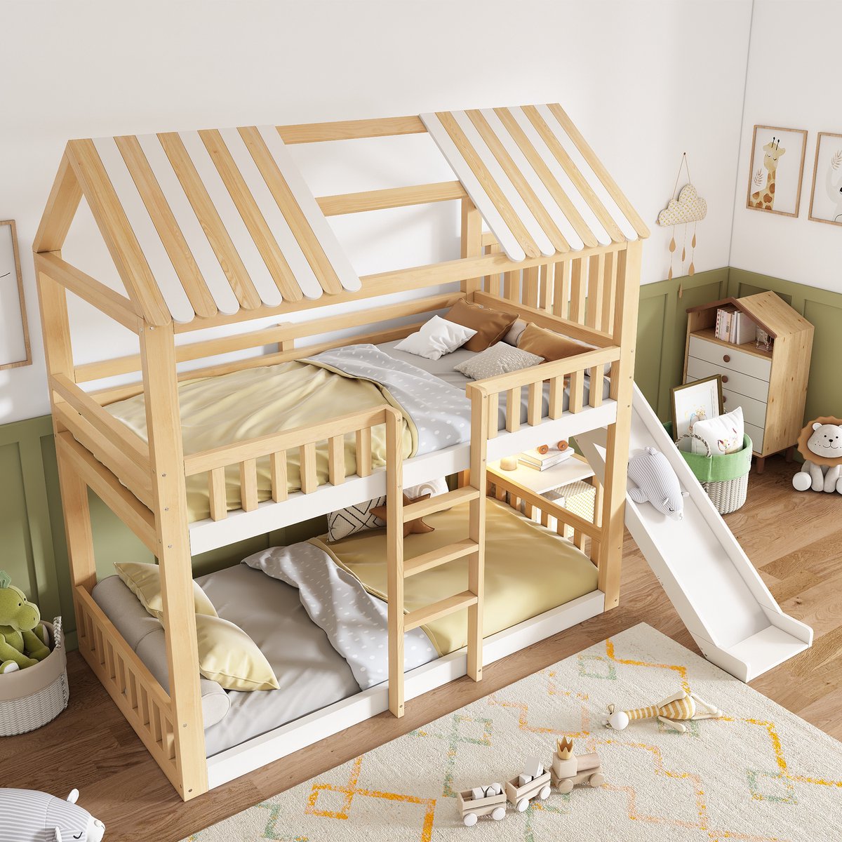 Merax Stapelbed 90x200cm - kinderbed met puntdak - hoogslaper met boekenkast en glijbaan - wit en houtkleurig - zonder matras