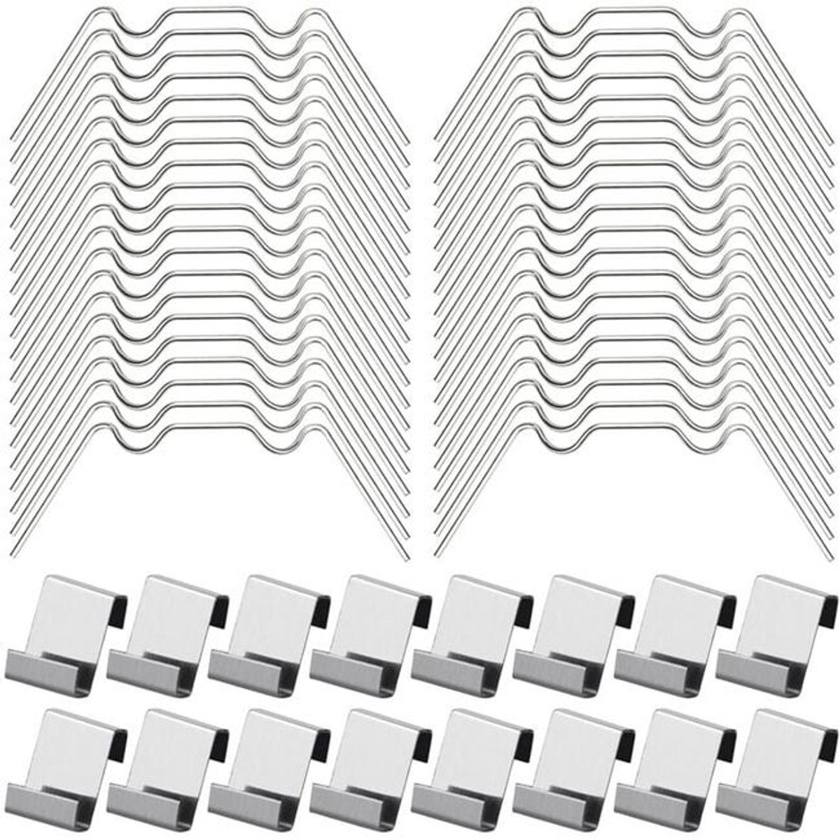 100 klemmen voor kasglas, waaronder 50 W-vormige roestvrijstalen klemmen en 50 Z-vormige klemmen voor kasglas.
