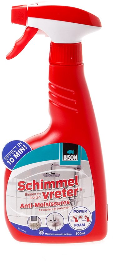 Rode Bison Schimmelvreter spuitfles met rood-witte trigger, label met 'Effect in 10 min' en afbeelding van douchekraan.